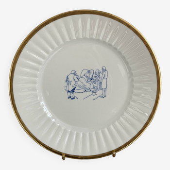 Assiette décorative, porcelaine, Limoges, estampille au revers, MG, contour doré, décor dessin