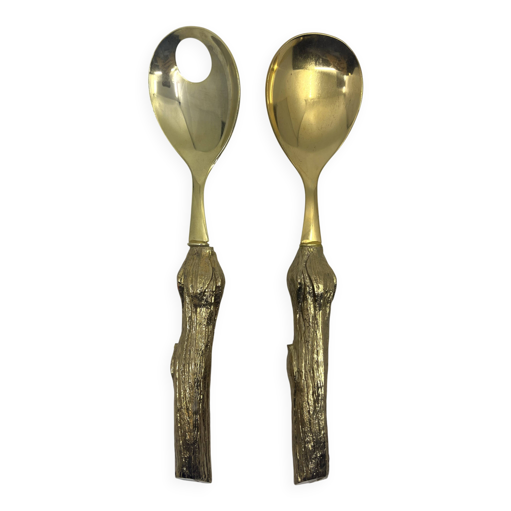 Lot of serving spoons, dessert spoon and fork in gold metal.