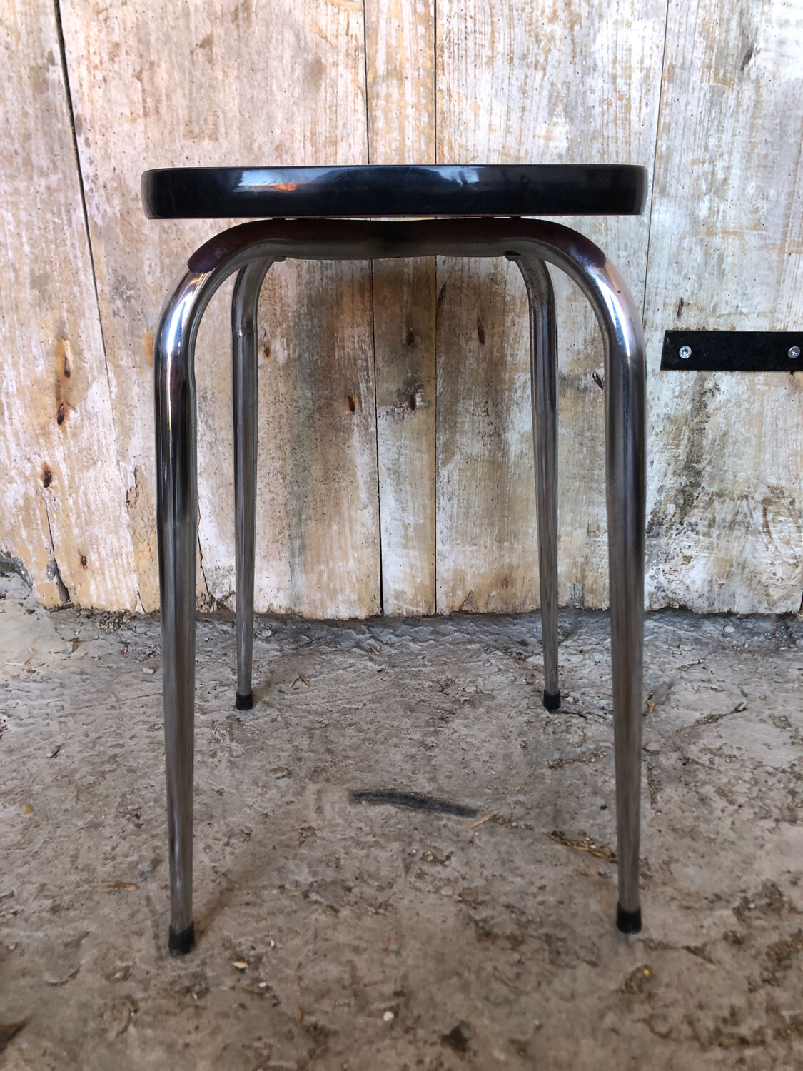 Tabouret formica blanc pieds compas metal chromé vintage