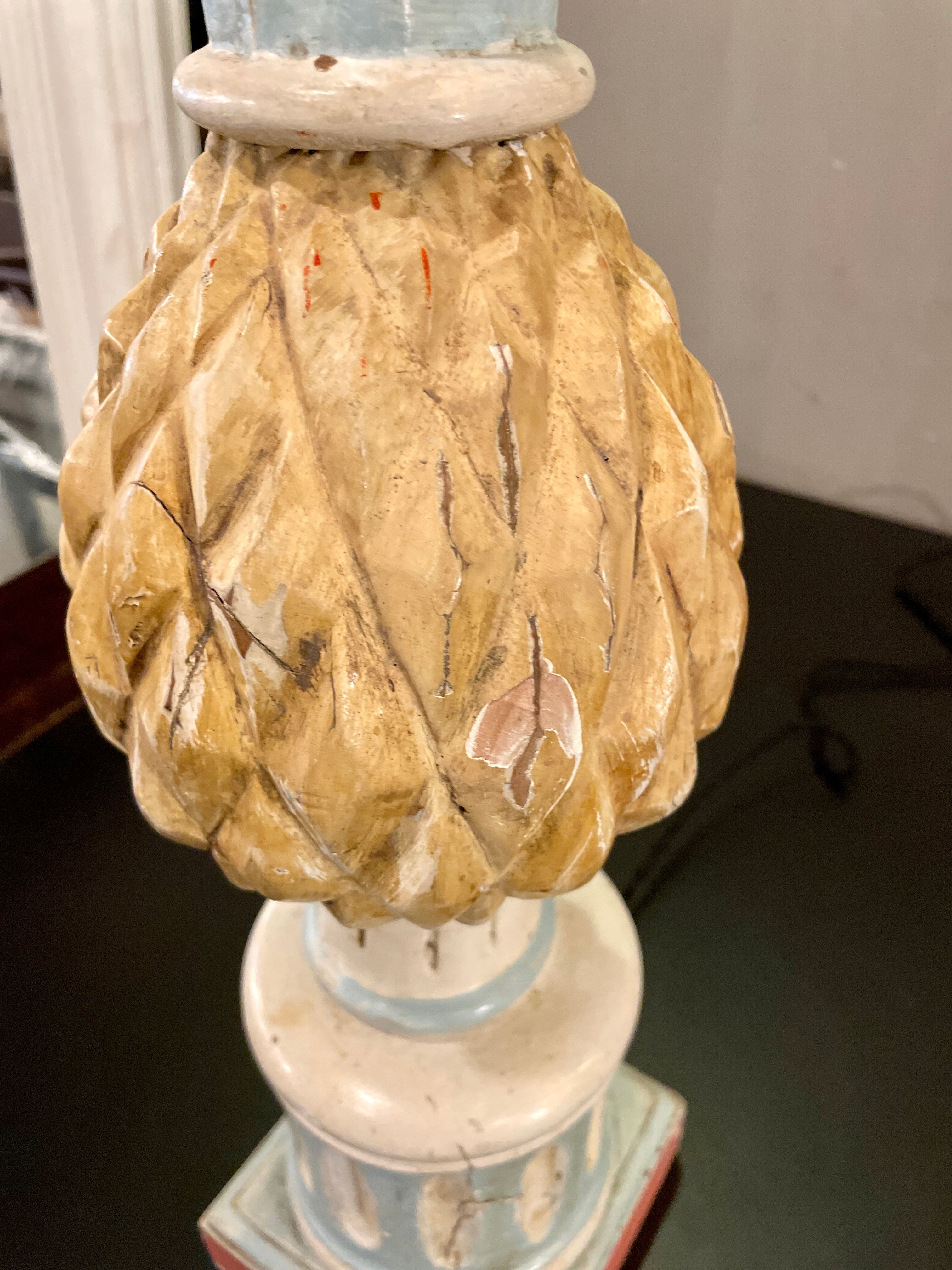 Pineapple lamp, hand-painted wood, 50s
