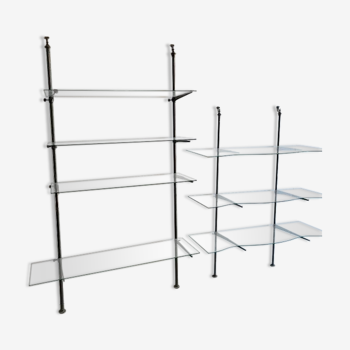 Set of 2 glass and metal shelves with old racks