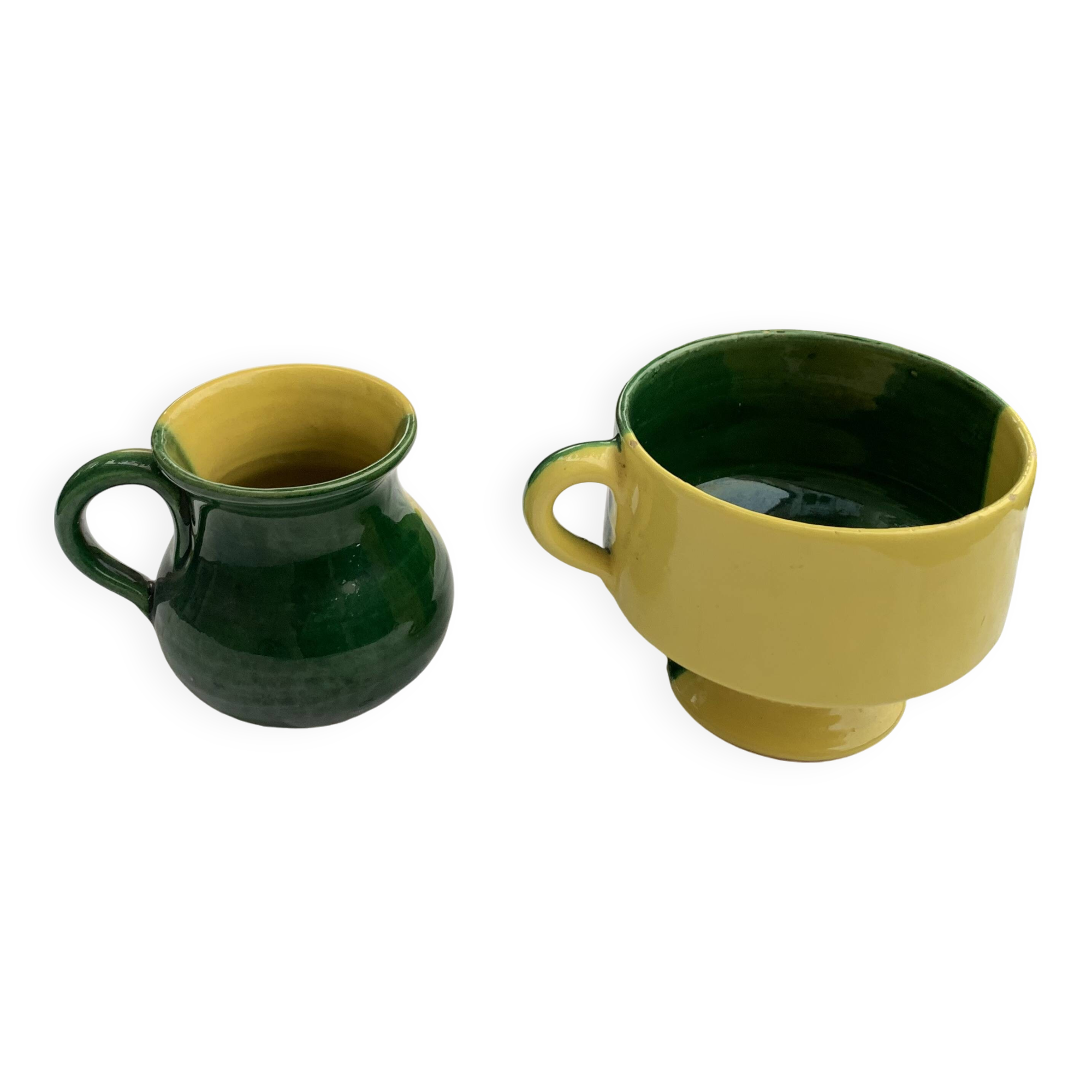 Enameled ceramic bowl and milk jug, two-tone yellow and green, vintage 1950