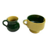 Bol et pot a lait en ceramique émaillé, bicolore jaune et vert vintage 1950