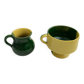 Enameled ceramic bowl and milk jug, two-tone yellow and green, vintage 1950
