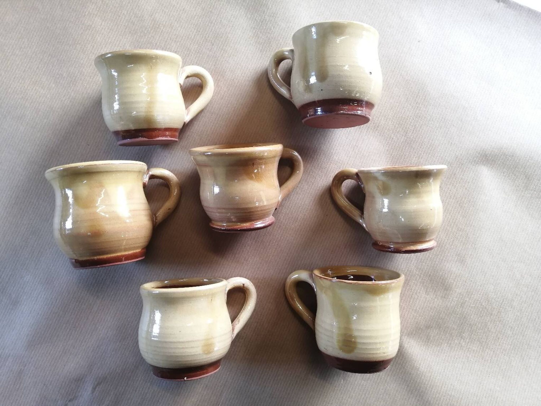 Set of 7 vintage stoneware yellow coffee cups