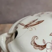 Antique sauce boat in ironstone from Salins – Sepia dragonfly decoration – With lid
