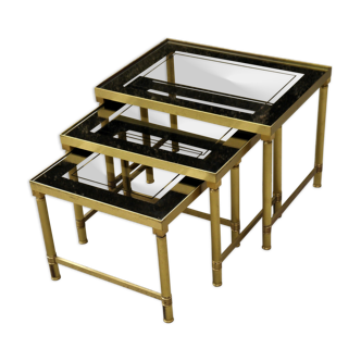 Brass, gold metal and 70s mirror glass tables