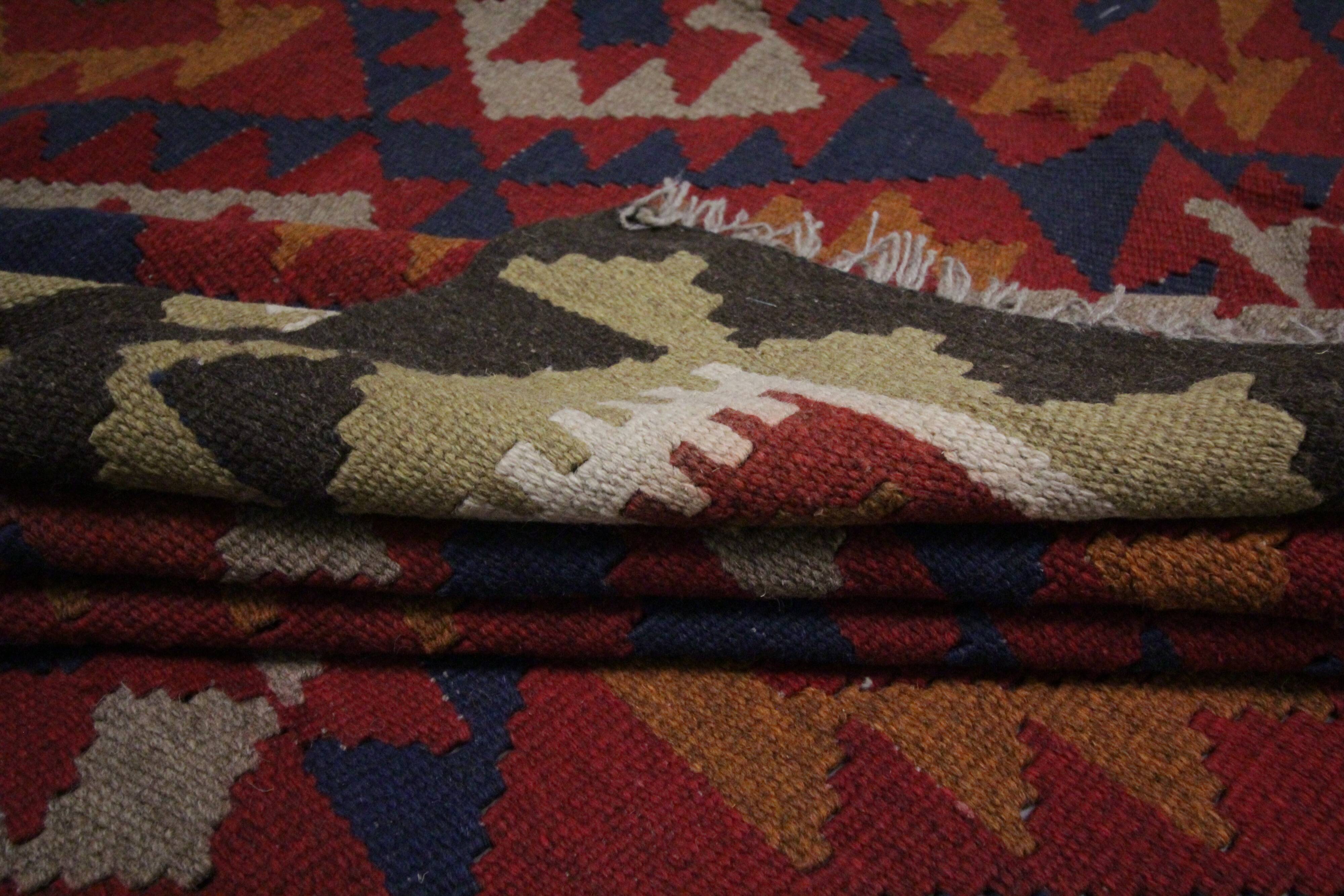 Burgundy Afghan Kilim Rug, Geometric Wool Flatweave, Handmade Tribal Carpet