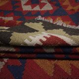 Burgundy Afghan Kilim Rug, Geometric Wool Flatweave, Handmade Tribal Carpet