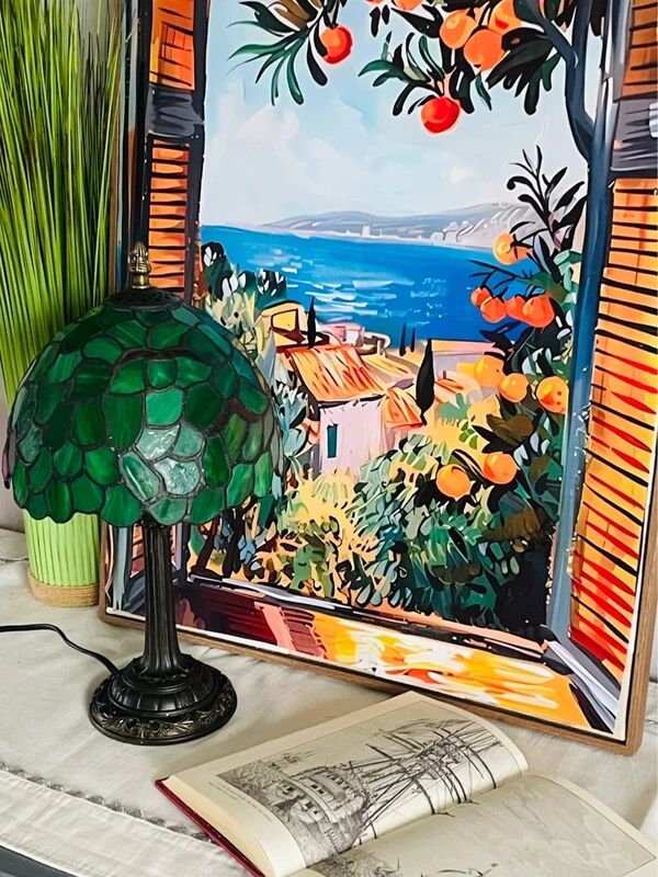 Vintage Tiffany Inspiration Lamp and Green Shade | Green Foliage Shade