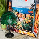 Vintage Tiffany Inspiration Lamp and Green Shade | Green Foliage Shade