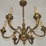 French Art Nouveau Bronze 6 Light Chandelier with Scroll Arms and Leaf Details 5583