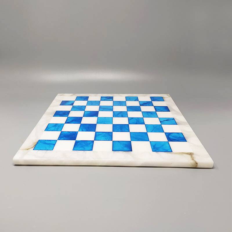 1970s Gorgeous Sky Blue and White Chess Set in Volterra Alabaster Handmade.