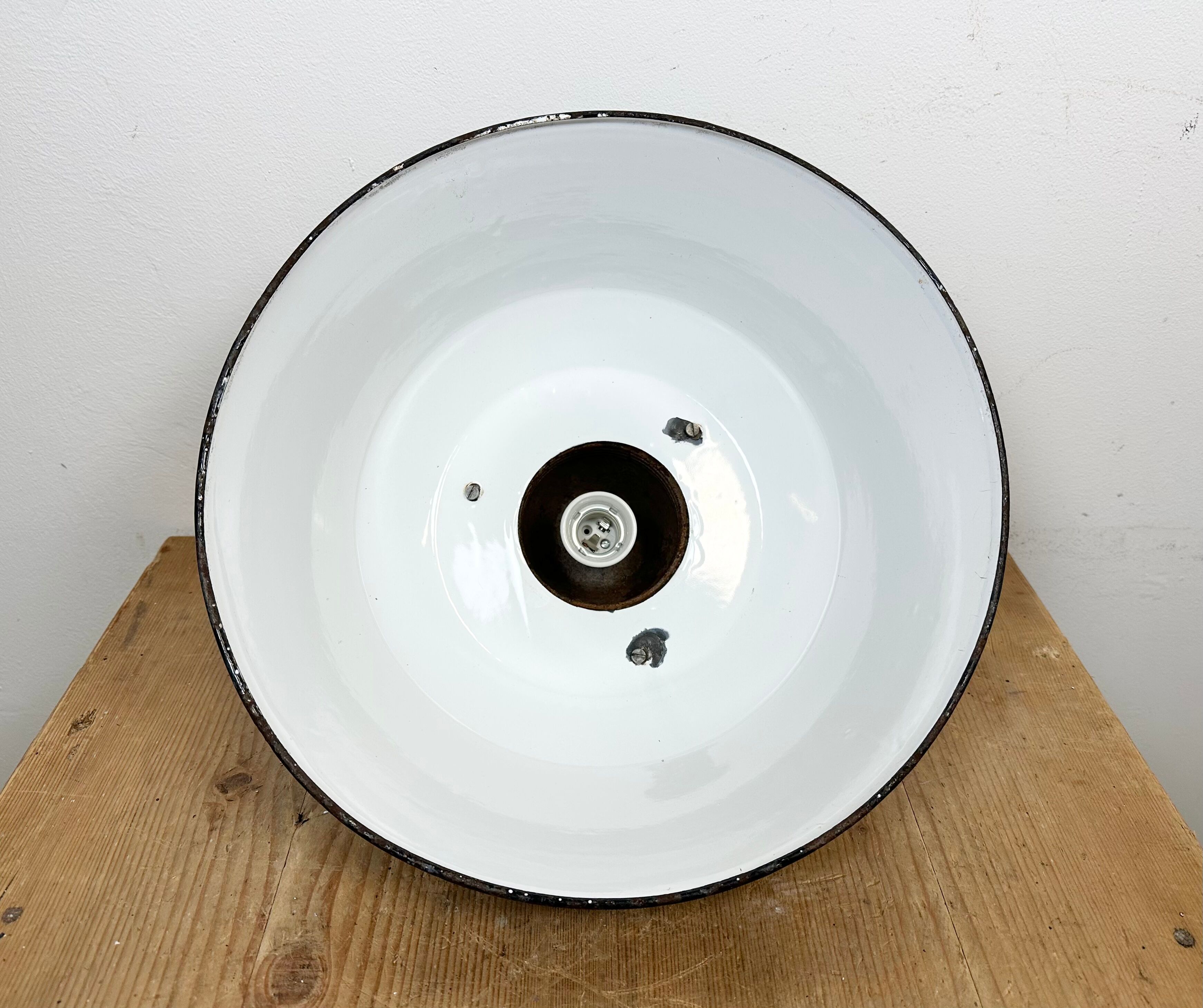 Industrial Grey Enamel and Cast Iron Pendant Light with Glass Cover, 1960s