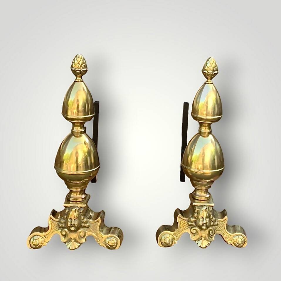 Pair of antique brass and cast iron andirons, Louis XVI style