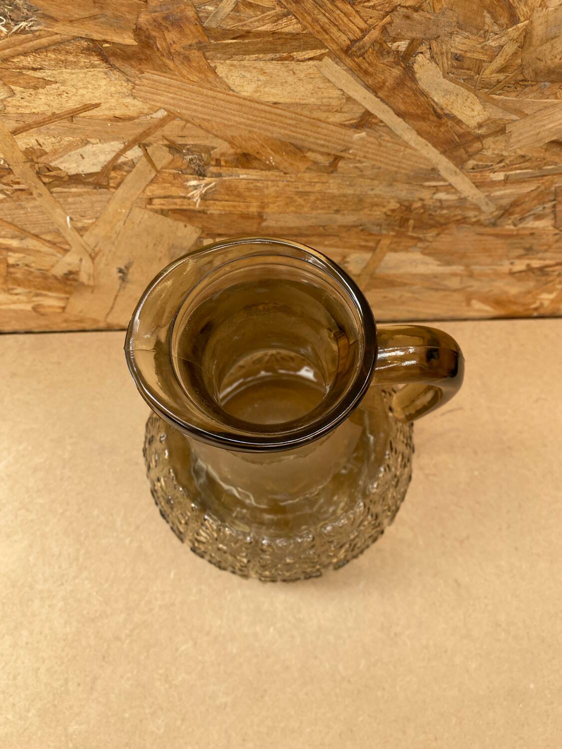 Antique Pitcher Carafe Molded Glass Smoked Grey Flower Decor Relief Vintage