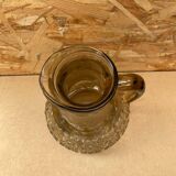 Antique Pitcher Carafe Molded Glass Smoked Grey Flower Decor Relief Vintage