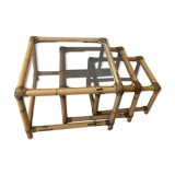Series of 3 tables gigognes seventies in rattan and smoked glass