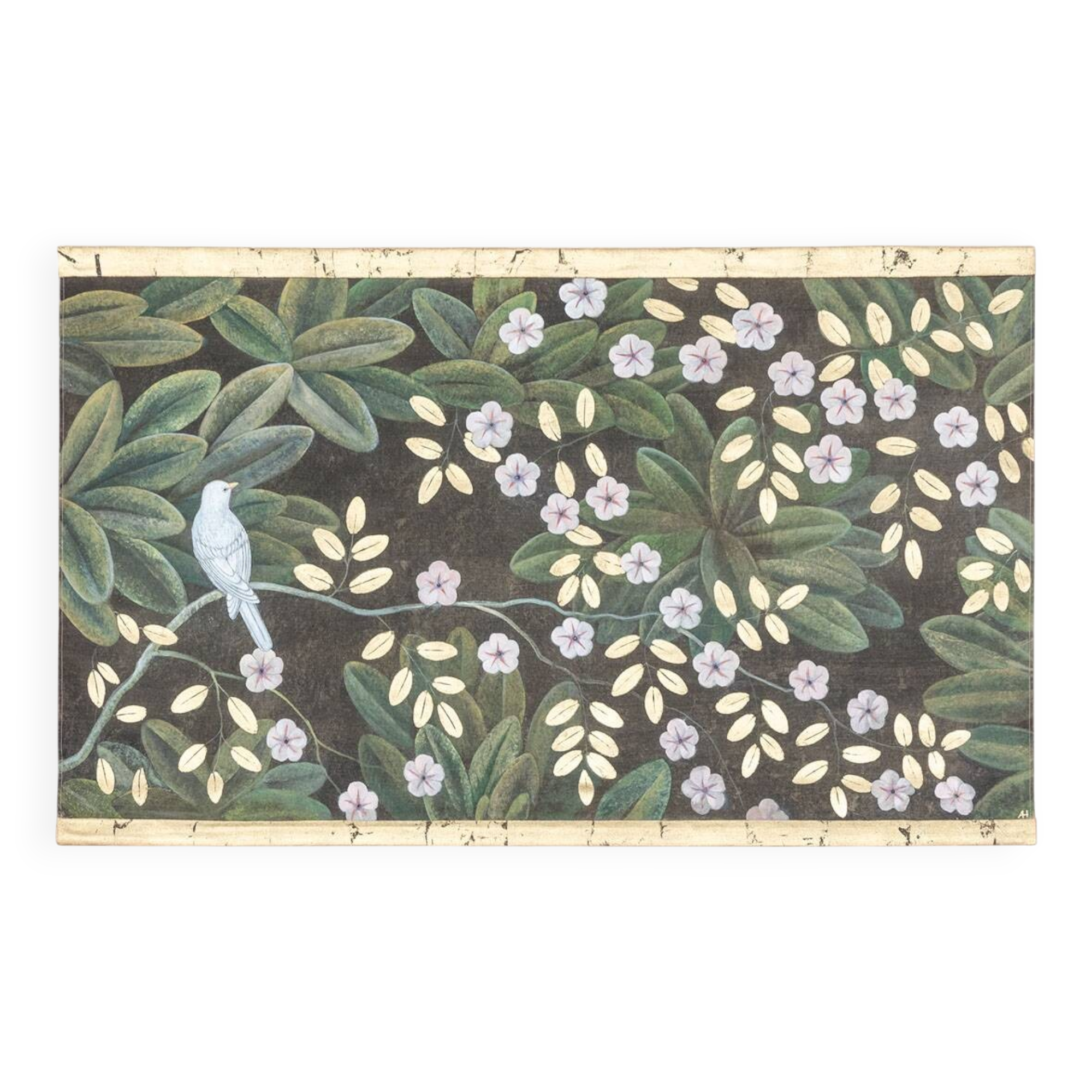 Painted canvas depicting flowers and birds. Contemporary work.