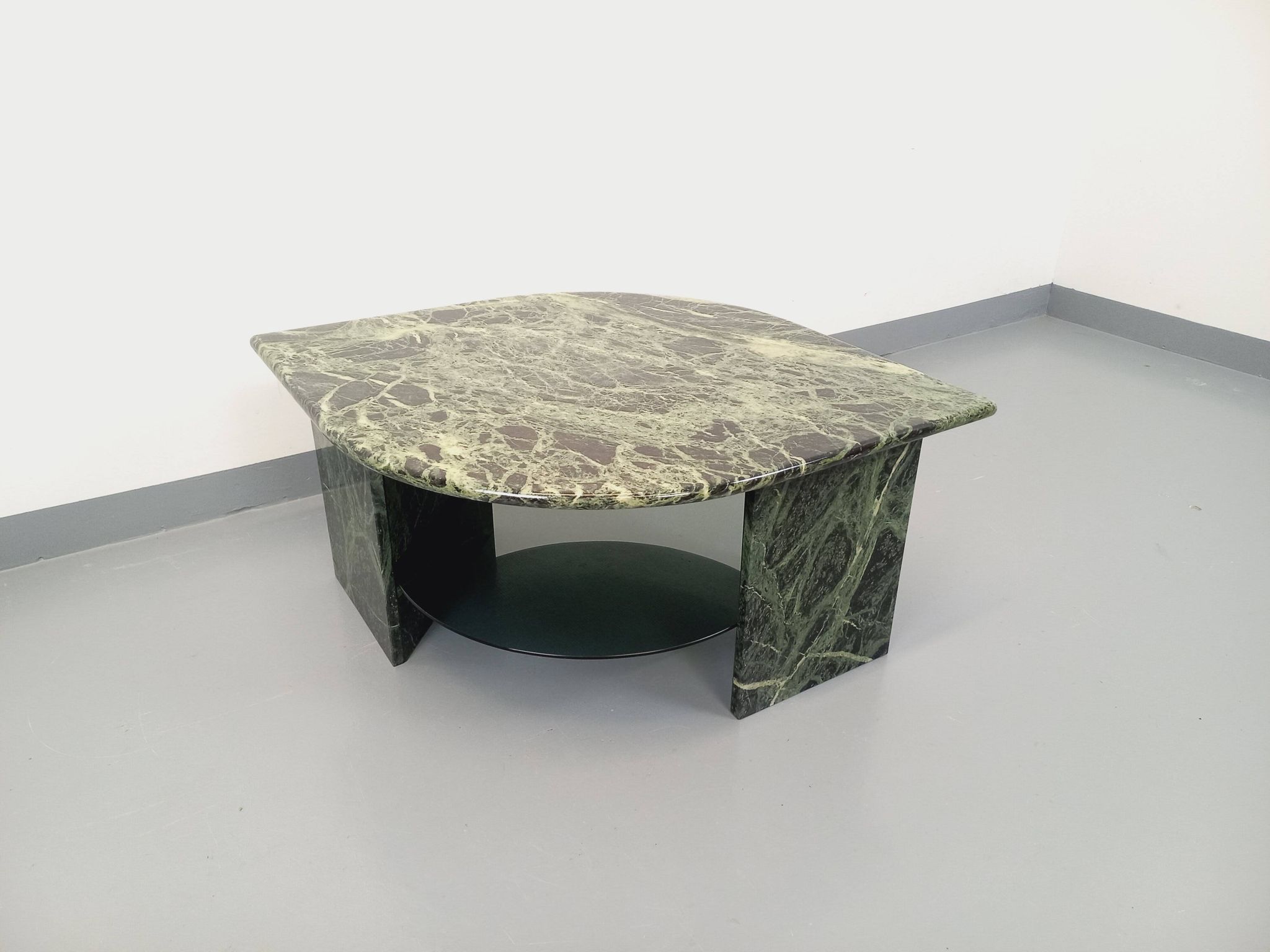 Vintage square coffee table with 2 green marble and smoked glass tops