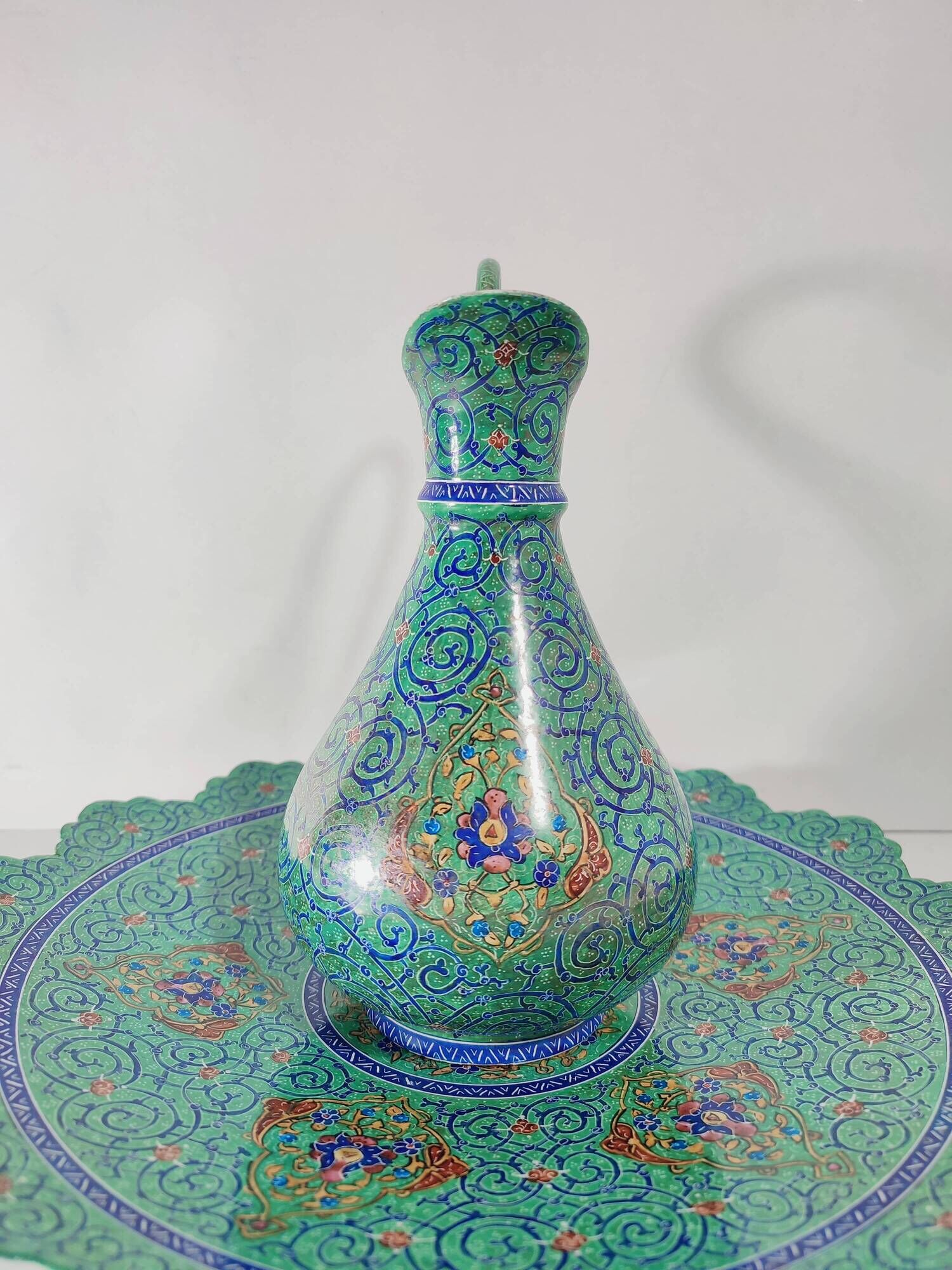 Minakari Signed Enameled Sheet Metal Ewer and Dish / 20th Century Middle East / Jug