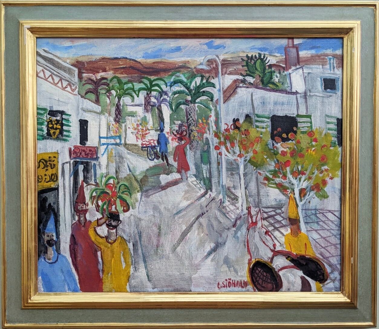 Tableau ancien « shophouses » scène de rue paysage peinture à l’huile, encadré