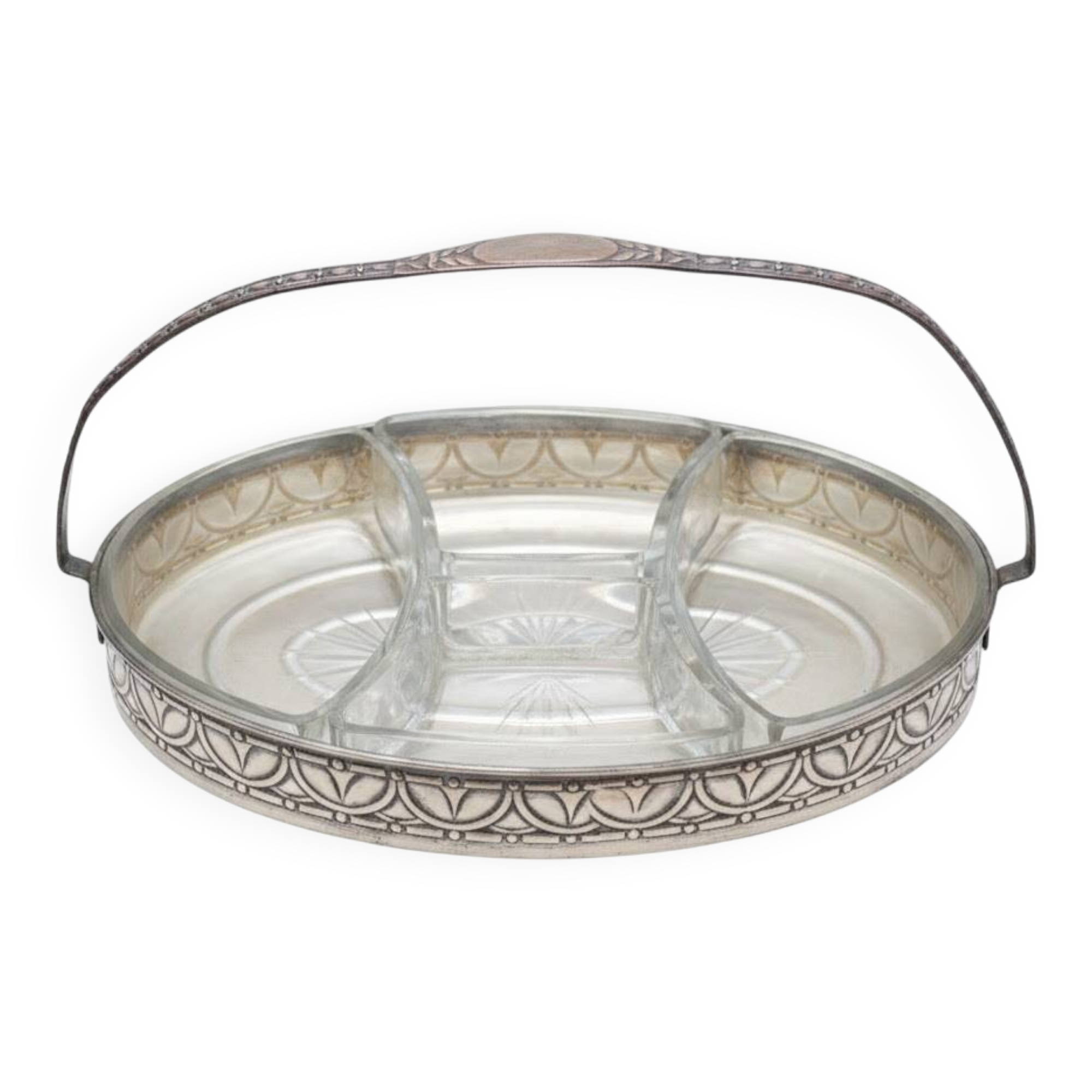 Art Nouveau serving dish plated in copper with removable glass inserts.