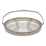 Art Nouveau serving dish plated in copper with removable glass inserts.