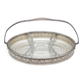 Art Nouveau serving dish plated in copper with removable glass inserts.