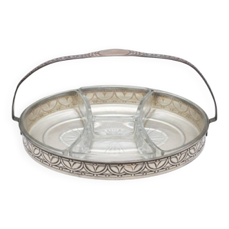 Art Nouveau serving dish plated in copper with removable glass inserts.