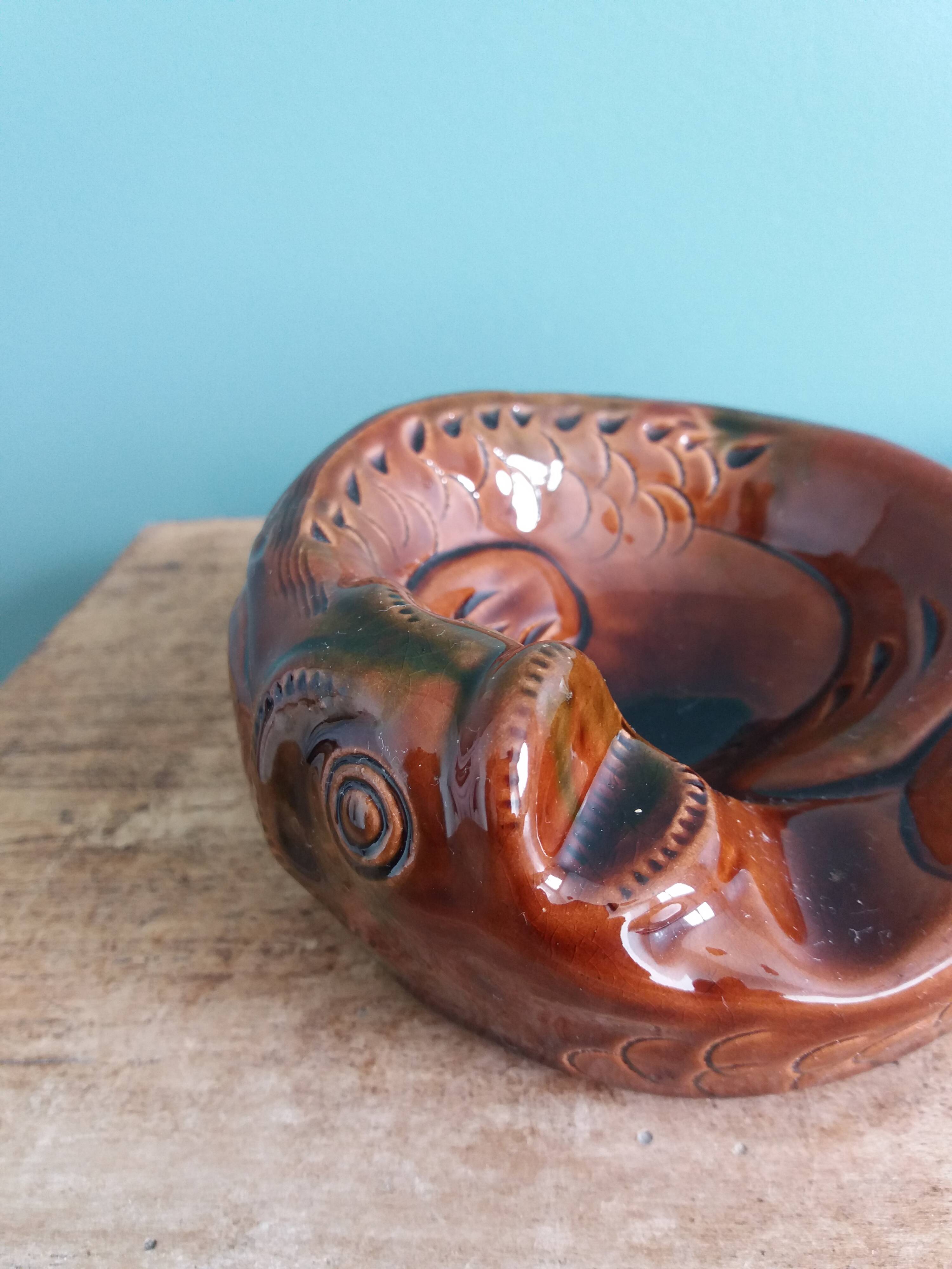 Zoomorphic fish ashtray in glazed terracotta