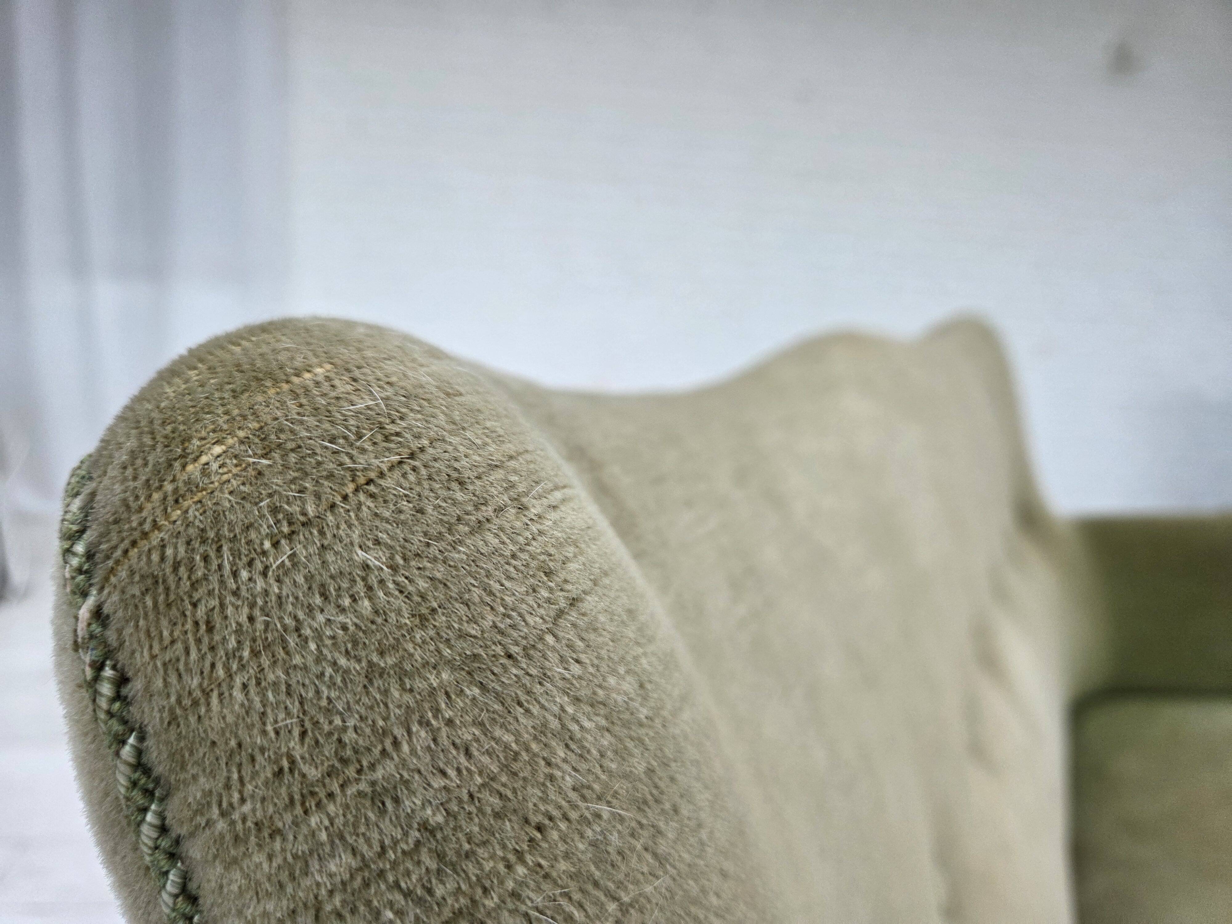 1960s, Danish curved 2-seater sofa, furniture velour, beech wood.