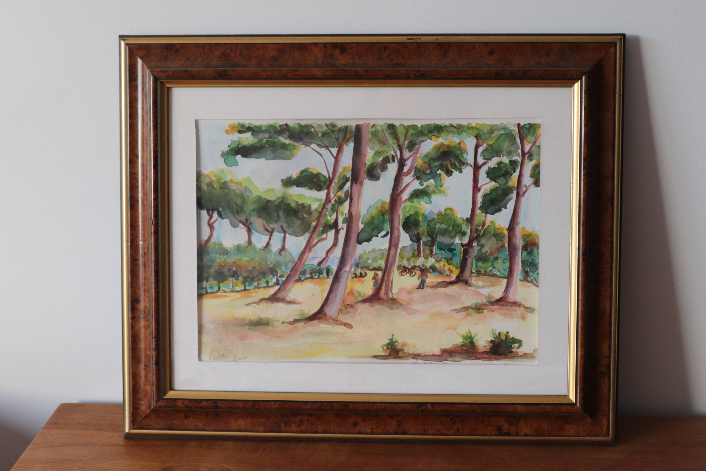 Watercolor painting Landscape pine forest and bicycles