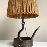 Wrought iron lamp with natural rope lampshade, vintage