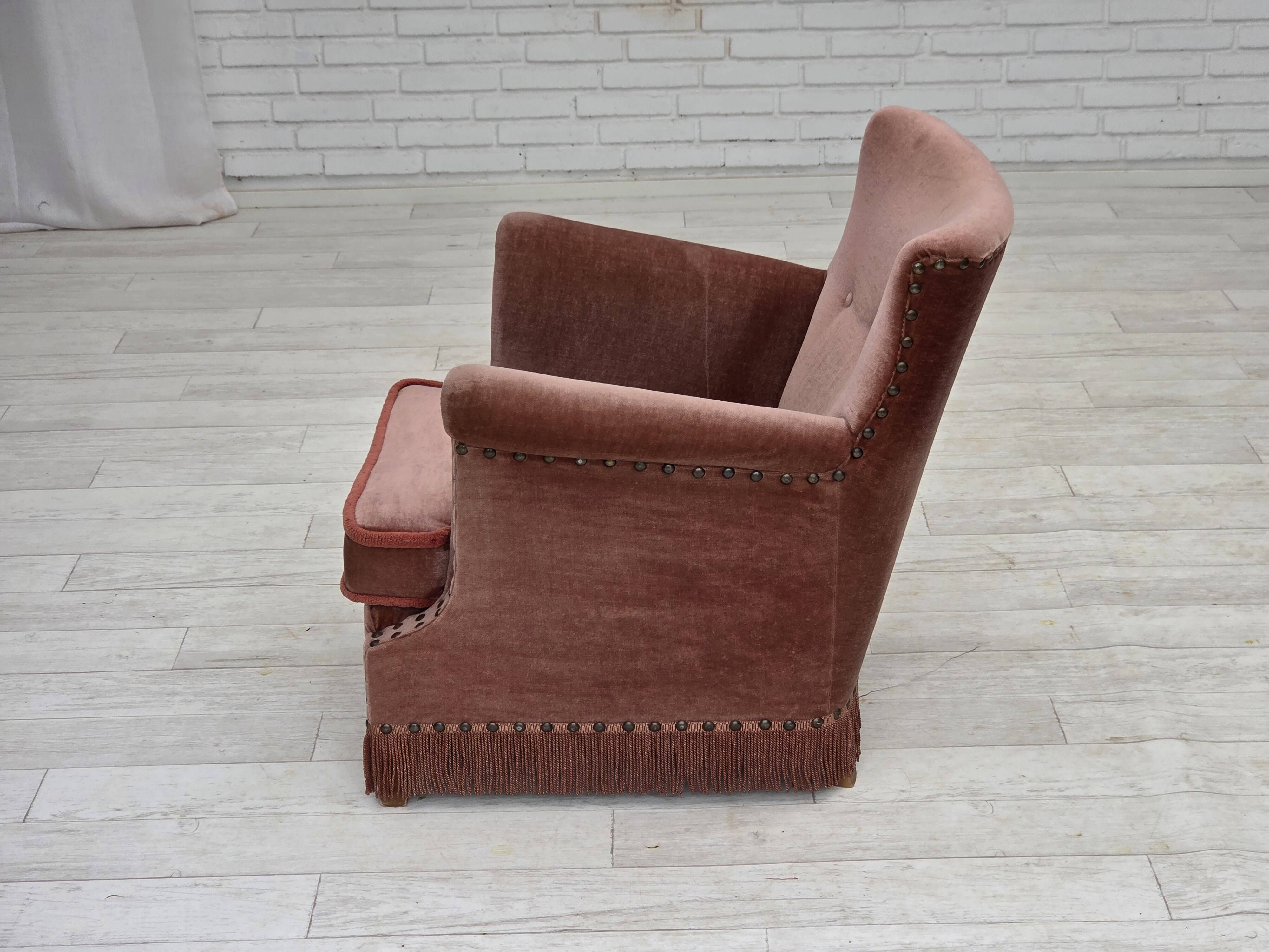 1970s, Danish armchair, salmon pink furniture velour, beech wood.
