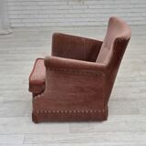 1970s, Danish armchair, salmon pink furniture velour, beech wood.