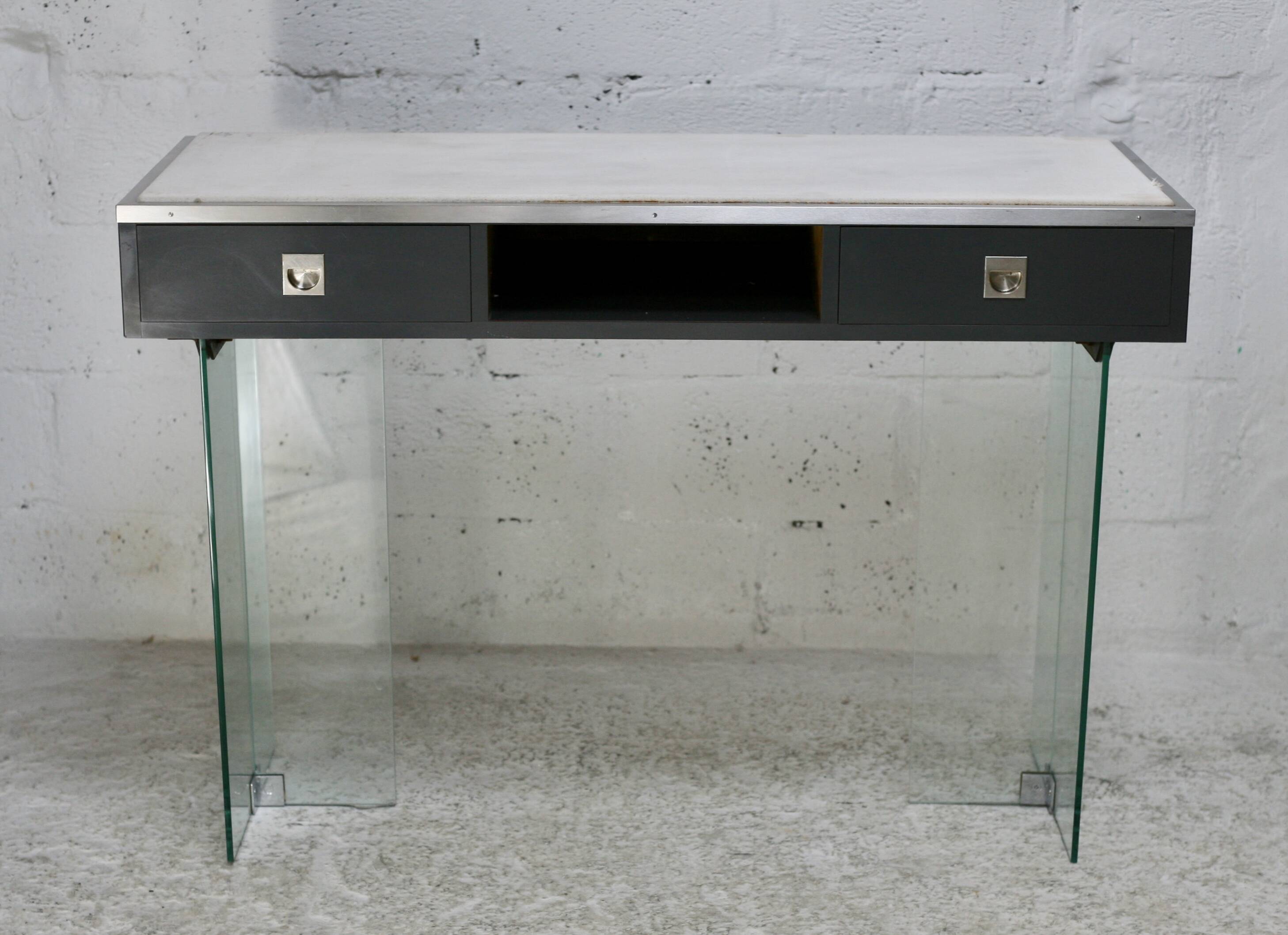 Modernist console, 1960s, glass base, wooden and fabric top.