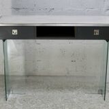 Modernist console, 1960s, glass base, wooden and fabric top.