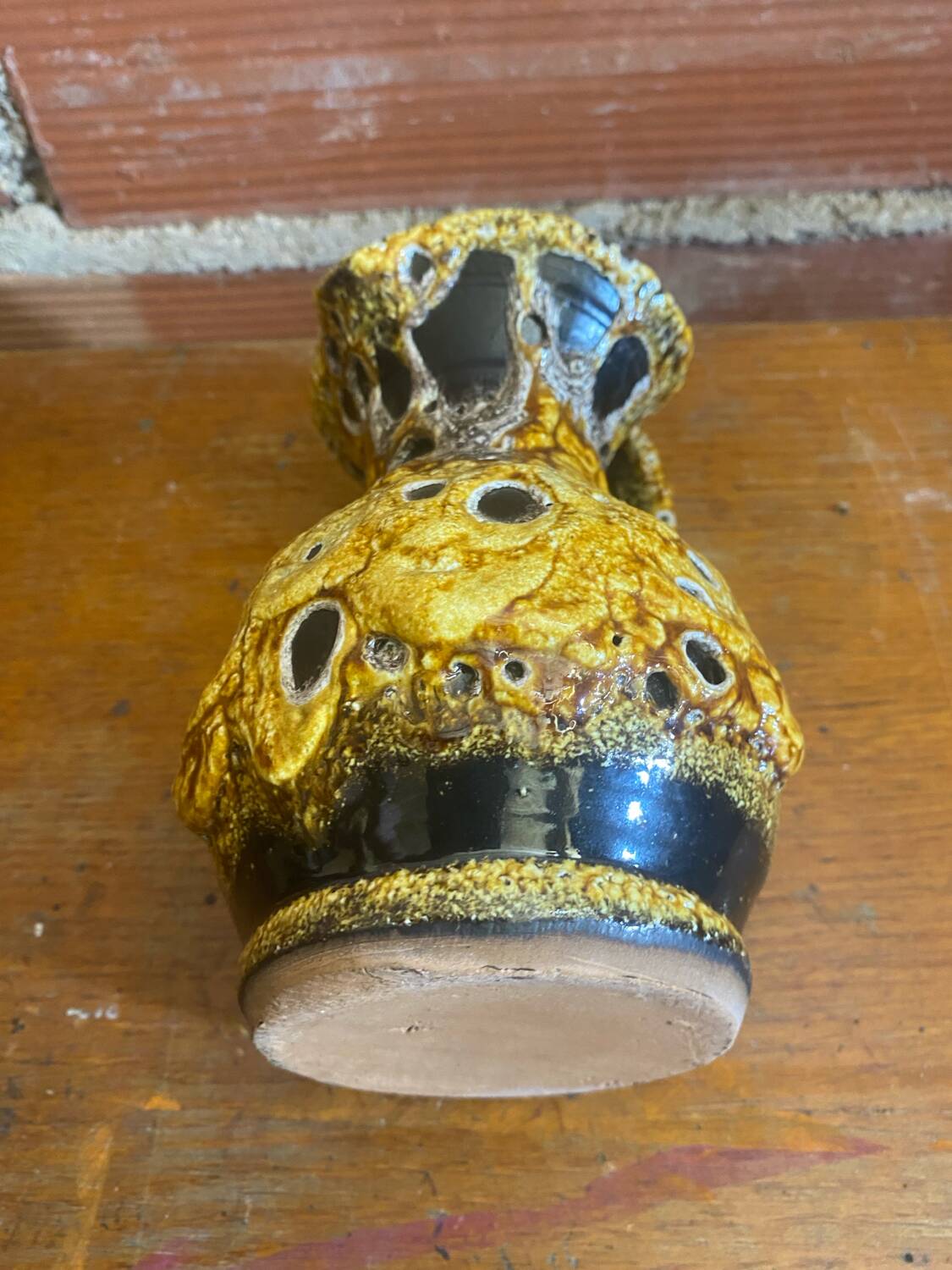 Antique pitcher cyclops enamels honey yellow vallauris fat lava vintage