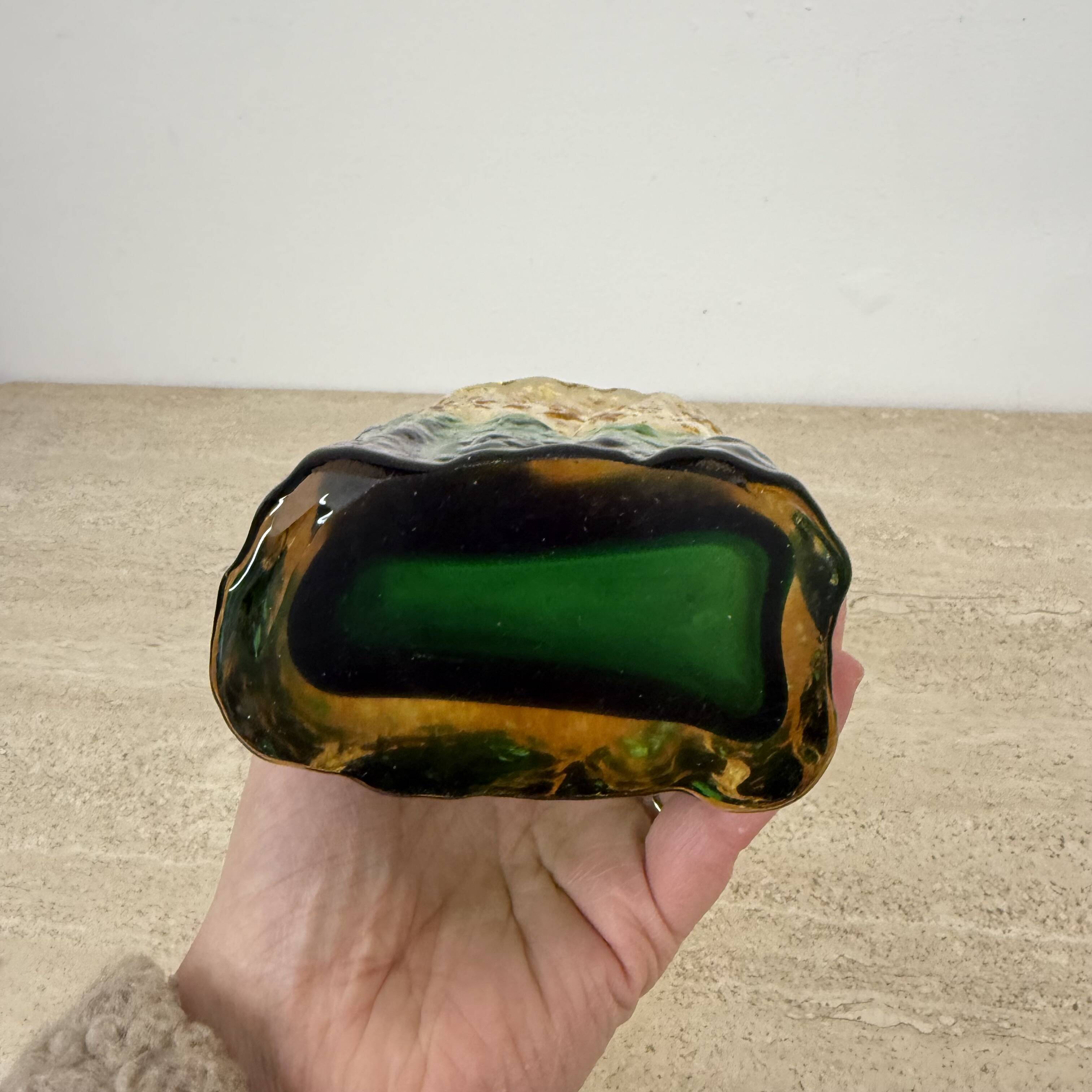 Vintage bark glass vase yellow and green , 1970’s