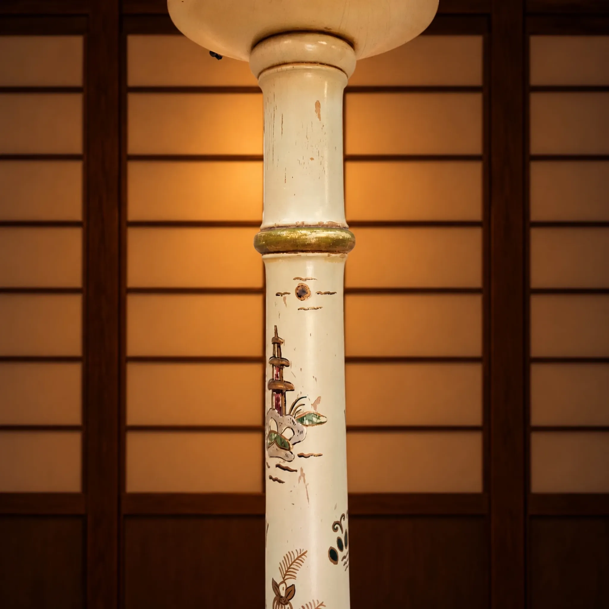 Lampadaire antique japonais peint à la main blanc et or (nouvel abat-jour)