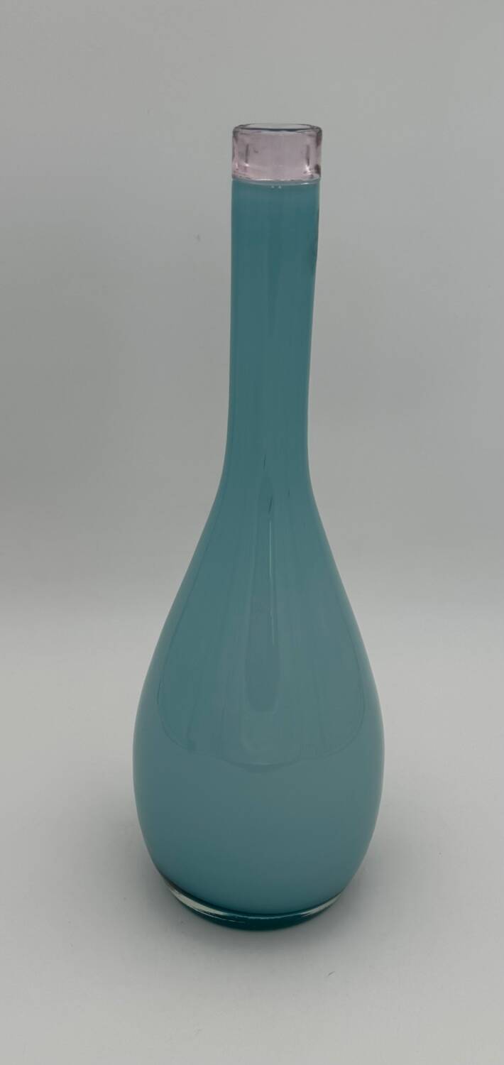 Blue lined glass bottle vase