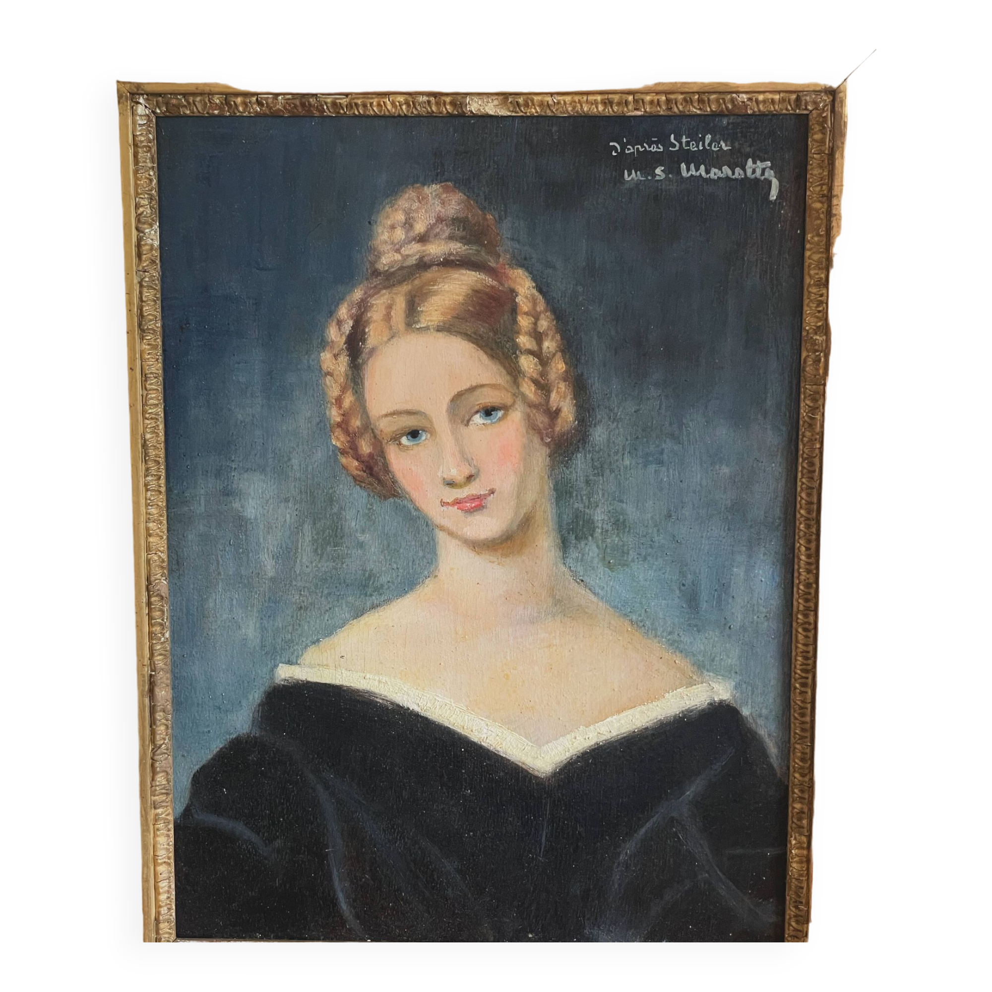 Portrait of young woman painting on wood