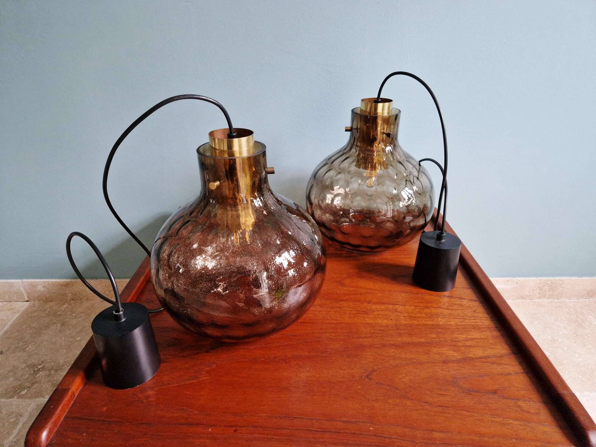 Pair of honeycomb smoked glass pendants, Glasshütte Limburg, 1970