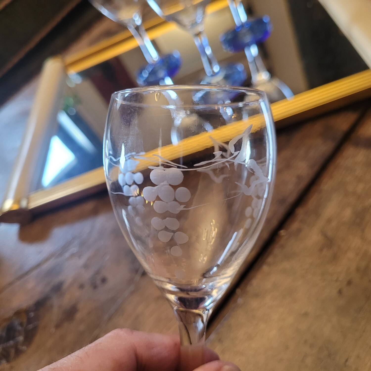 Set of 4 cut glass stemmed glasses from the 50s.