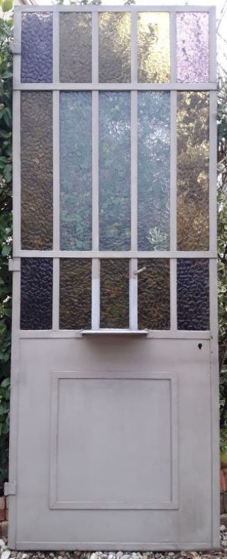 Workshop door 258.4x98.5cm in iron and colored cathedral glass