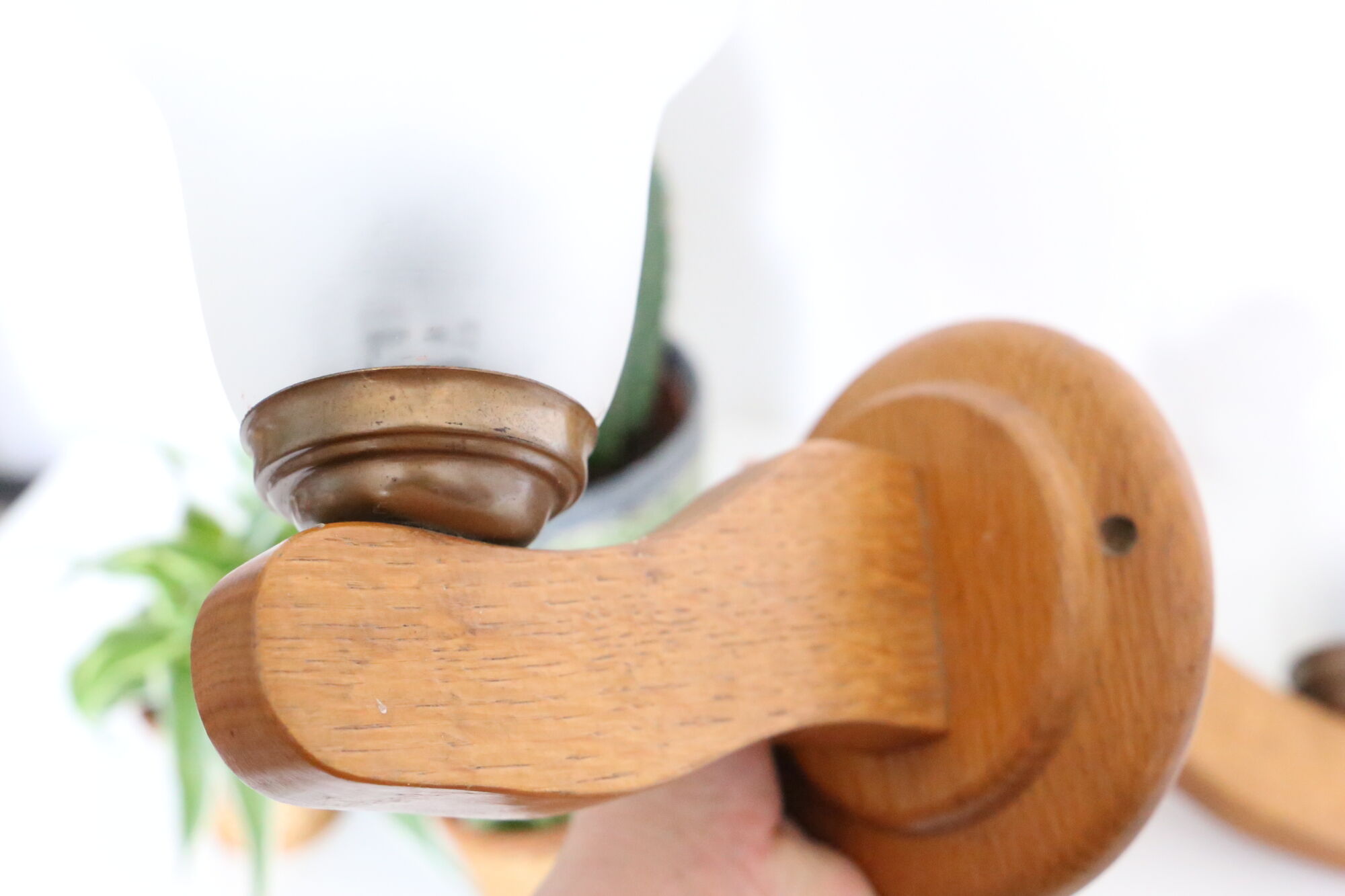 Duo of wooden appliques and tulip globe in scrambled glass, based on brass