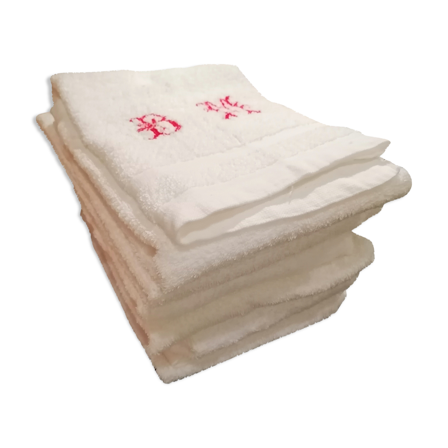 Set of 6 white embroidered terry towels 1930.1950