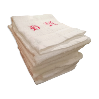 Set of 6 white embroidered terry towels 1930.1950