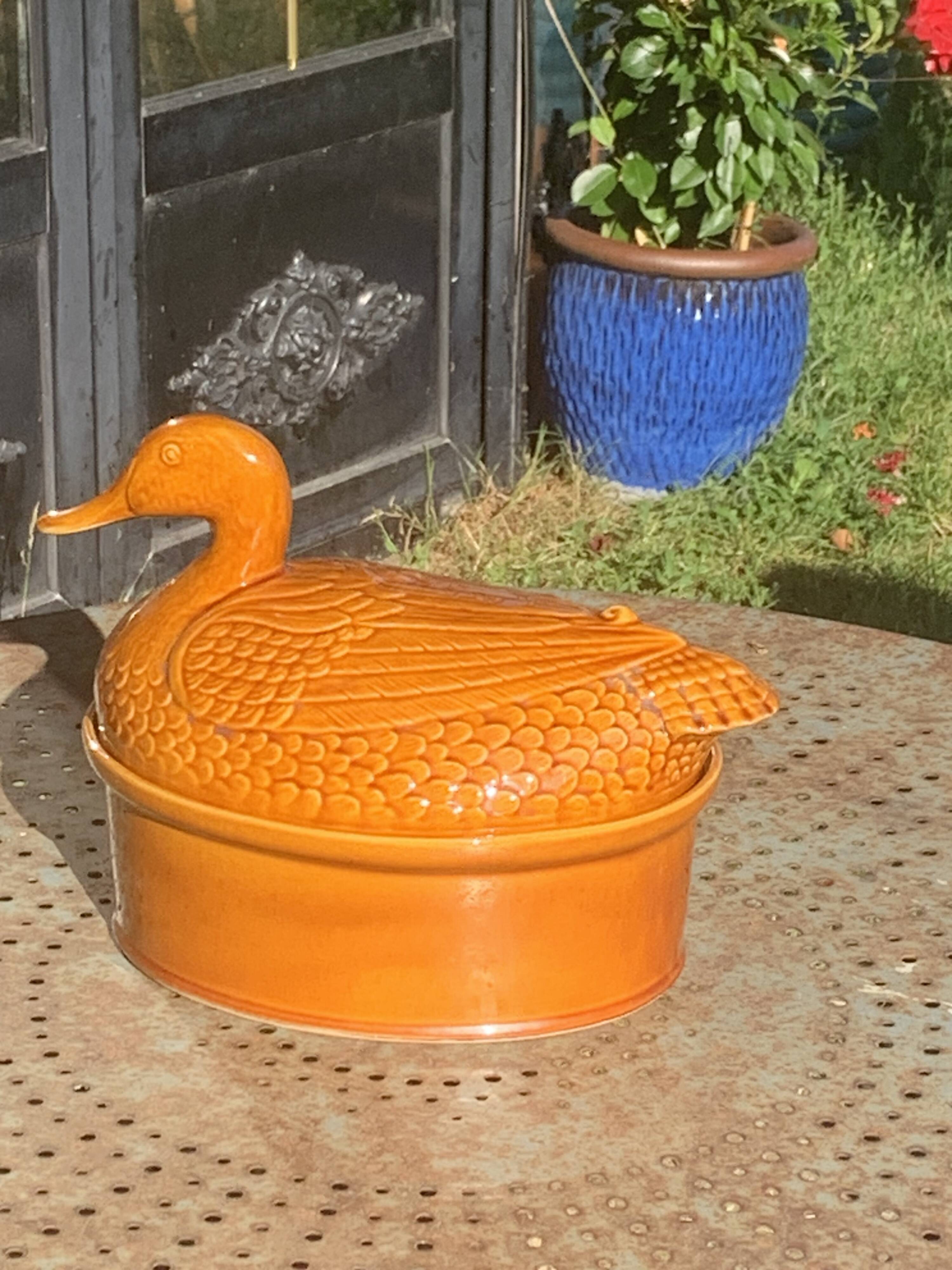 Duck, slip, glazed ceramic terrine, brown, vintage